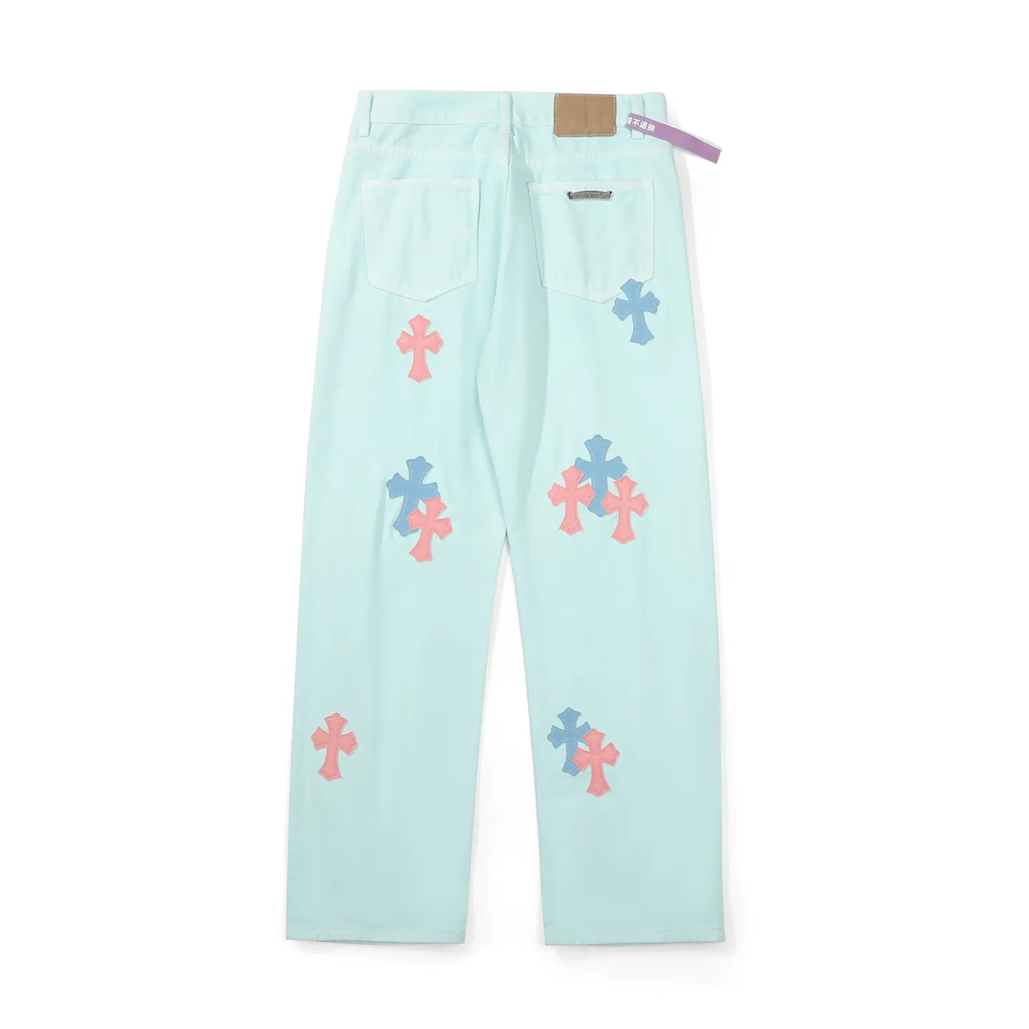 P260 Chrome Hearts light blue blue trousers, pink and blue patchwork leather couple's best friend jeans. CH jeans need to be washed and then disassembled and hand-stitched with sheepskin cross leather and then spliced ​​together. The whole piece has too many craftsmanship to explain. The patches are decorated with cross flowers, and the high-waisted washed jeans! ! Absolutely high-end luxury products, god-level single products and super popular products, made with top heavy industry, a must-see magic weapon. Customized hardware. The fabric is thick and soft after washing. It has good breathability. Customized small leather label. Unique design. The details are simple and elegant, and the workmanship is exquisite. The entire trousers are neatly routed and the details are in place! It’s so cool that both men and women can easily control the genderless trend! Color: Picture color Size: 28 30 32 34 36